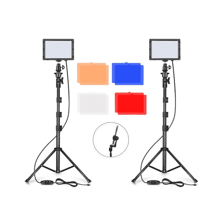 2-Pack LED Video Light Tripod Kits with Phone Holder & Adjustable Ball Heads, Dimmable Photography Lights w. 4 Colored Films for Live Streaming, Makeup, Zoom, DSLR Camera