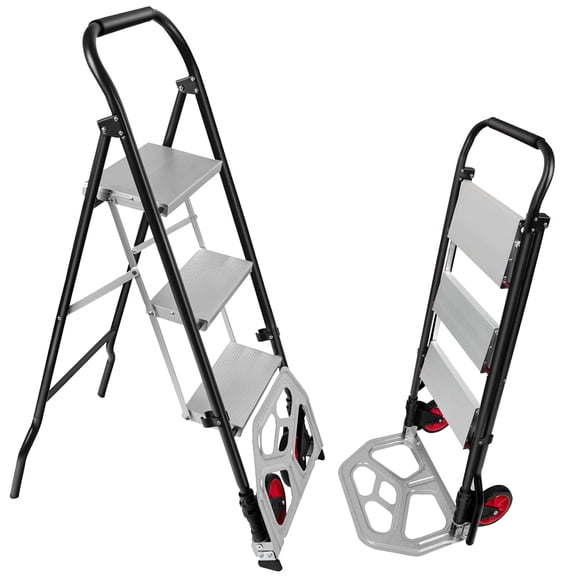 NUNET Heavy Duty 2-in-1 Hand Truck Step Ladder - 330lbs Ladder Capacity + 176lbs Cart | Foldable Multi-Functional Dolly with Non-Slip Safety Lock for Warehouse Garage Office Home