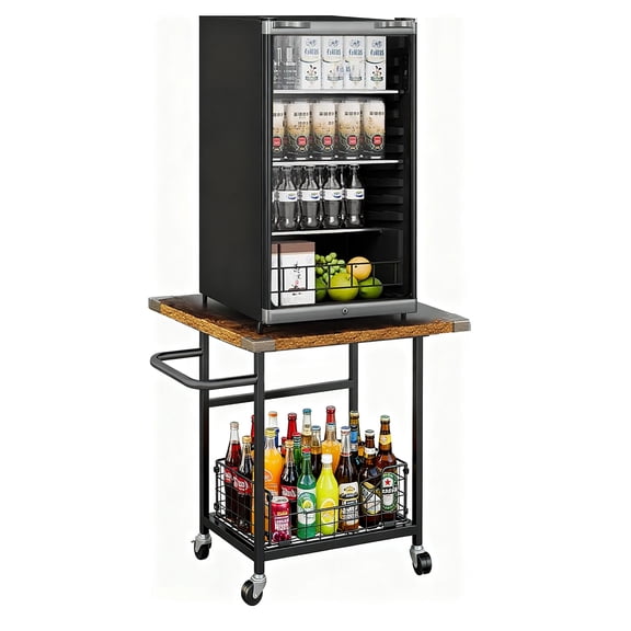 NUNET Heavy Duty Mini Fridge Stand w. Pull Out Basket for 5 Gallon Water Jug, 2 Tier Ice Maker Stand w. Wheels & Anti Slip Leveling Feet, Reinforced Metal Beverage Moving Cart, 150 lbs Load