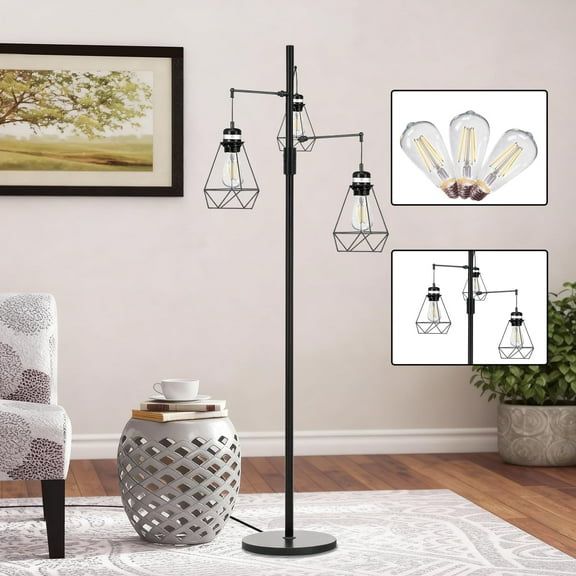 Trihead Tree Floor Lamp W. Stepless Dimming, Vintage Dimmable Standing Light for Living Room/Office, 3x Edison Bulbs Incl.