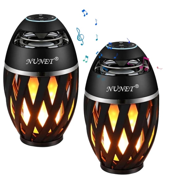 NUNET Outdoor Bluetooth Speakers w. Flickering Flame Tiki Torch TWS Wireless Loud Sound System w. Stakes Wall Mounts Waterproof Lantern Patio/Yard Decoration, 2Pack/Black