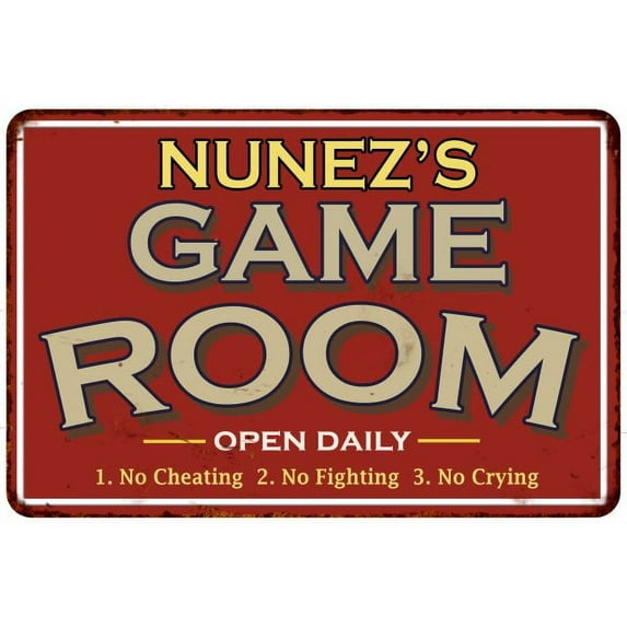 NUNEZ'S Game Room Sign Vintage Look 16 x 24 Matte Finish Metal 116240001329