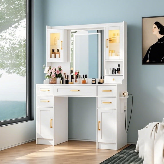 NUNU LAB 42 Inchs Large Vanity Desk with Mirror and Lights with 6 Drawers and 4 Cabinets, Big Women Makeup Table with Power Outlet, 3-Color Adjustable Lighting for Bedroom White