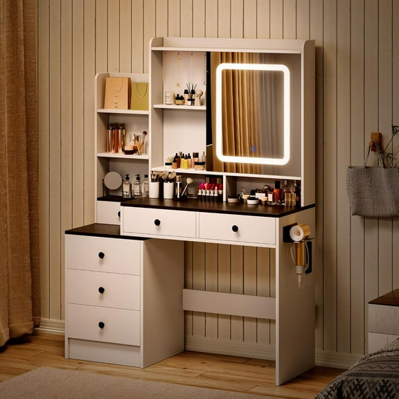 NUNU LAB 42inch Vanity Desk with Sliding Mirror Farmhouse, Makeup Table 3 Color Lights with Charging Station, Drawers, Cabinets, and Adjustable Shelves for Bedroom, Brown