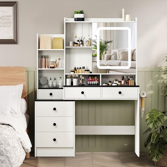 NUNU LAB Farmhouse Women Vanity Desk with Mirror and Lights, Rustic Big Makeup Table with Charging Station, Drawers, Cabinets, and Adjustable Shelves for Bedroom 42'', Brown