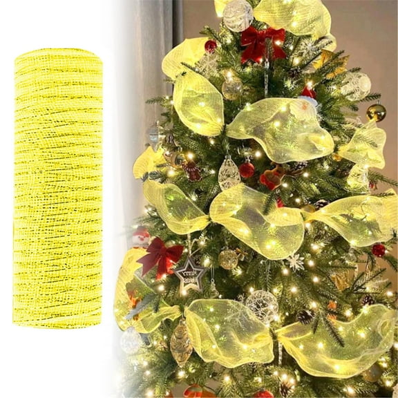 NUOKO 1 Roll 10.23 Inch X 10 Yards Christmas Ribbon Sequin Surface Xmas Tree Garland DIY Mesh Ribbon Webbing Home Decor for Indoor, Yellow