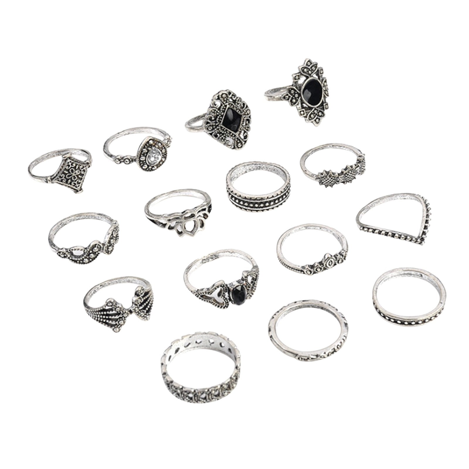 NUOKO Finger Ring 15Pcs Silver Rings Set For Women Girls Vintage Stackable Boho Finger Rings Alloy Resin Rhinestone Rings Retro Geometry Ring Jewelry
