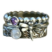 NUOKO Finger Ring Dragonflys Inlaid Gemstone Three-piece Stacking Ring Ring Gift