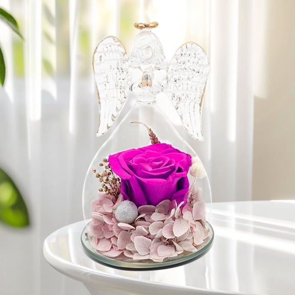 NUOKO Preserved Rose Birthday Gifts,Flowers for Delivery Preserved Rose Forever in Glass Angel Figurine,Forever Eternal Real Rose Gifts,Glass Angel Figurines Gifts with Pretty Flowers Dark Purple
