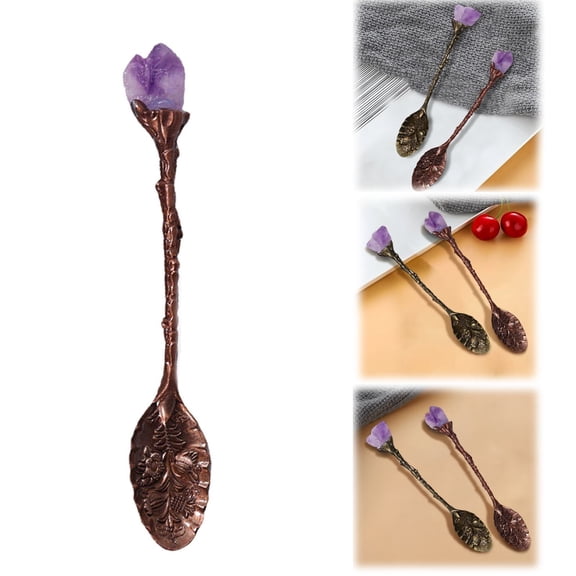 NUOKO Retro Crystal Antique Coffee Spoon Tea Spoon,Amethyst Crystal Spoons,Mini Ice Cream Decorative Spoons, for Home Office Witchcraft Spoon Retro with Crystal 1 Pcs for Gift