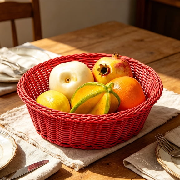 NUOKO Woven Bread and Fruit Baskets, Imitation Rattan Serving Baskets, Oval Poly Wicker for Kitchen, Restaurant Use Woven Food Storage Tray for Kitchen Snacks Fruit Serving and Bakery Display