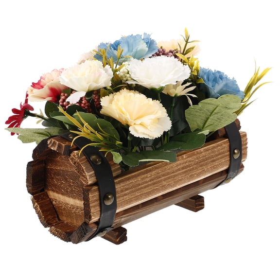 NUOLUX 1Set Wooden Barrel Flowerpot with Fake Flowers for Dining Table