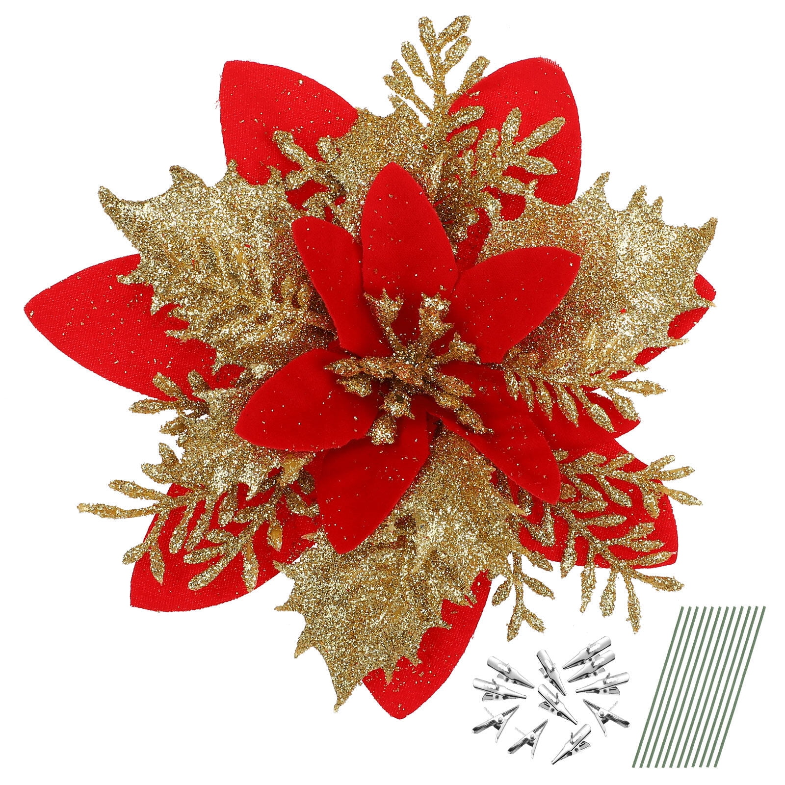 NUOLUX 12pcs Christmas Glitter Artificial Poinsettia Flowers Christmas
