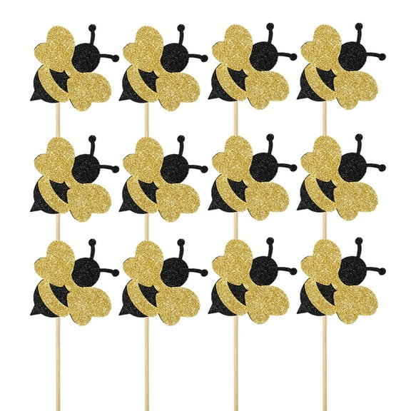 Tineasur Reusable Bamboo Bee Cake Toppers Multi Color for Wedding Cupcakes 12Pcs