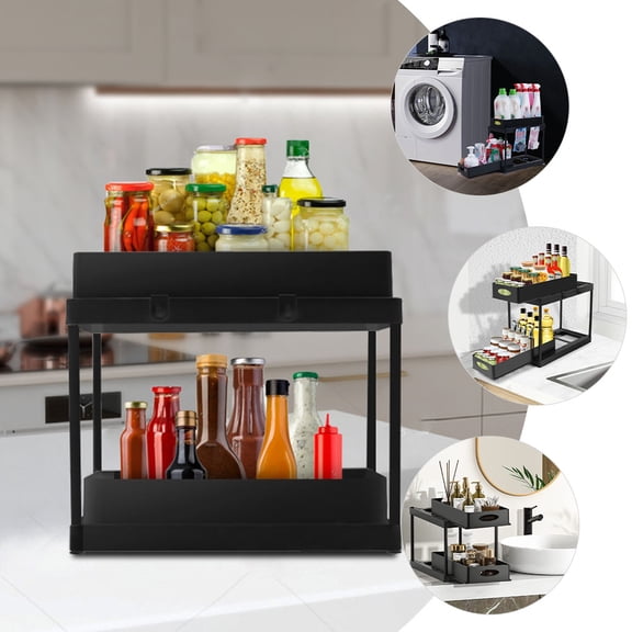 NUOLUX 1Pack Under Sink Rack Storage Shelf Abs Material Forged Iron Black 39.5x14.8in Pull Out Water Draining