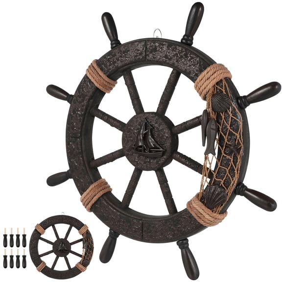 NUOLUX 1Pcs Nautical Wheel Wooden Mediterranean Style Wall Hanging Ornament 17.7x17.7x1.6in
