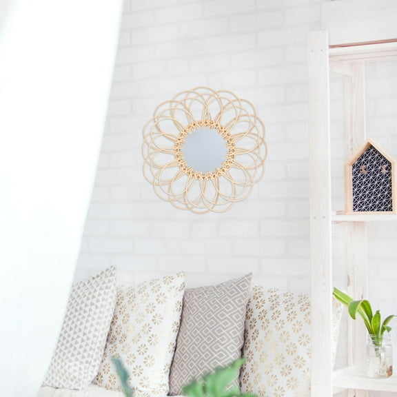 NUOLUX 1Pcs Unique Hanging Mirror Khaki 14x14in Willow Glass Retro Weaving Design Photography