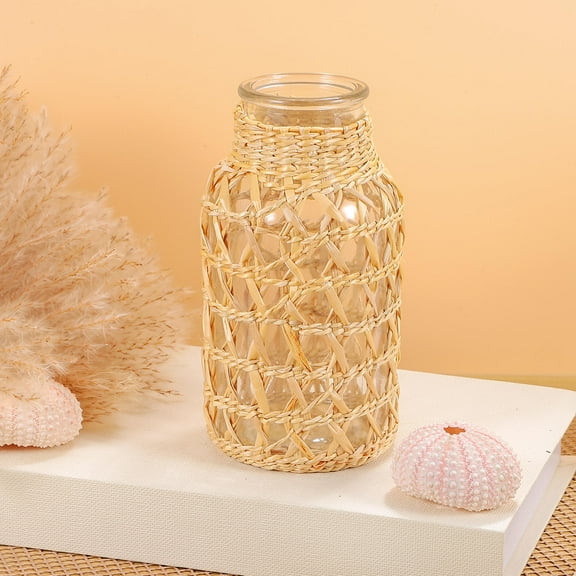 Toyandona 1Pc Light Yellow Woven Glass Vase Ornament Practical Desktop Flower Container