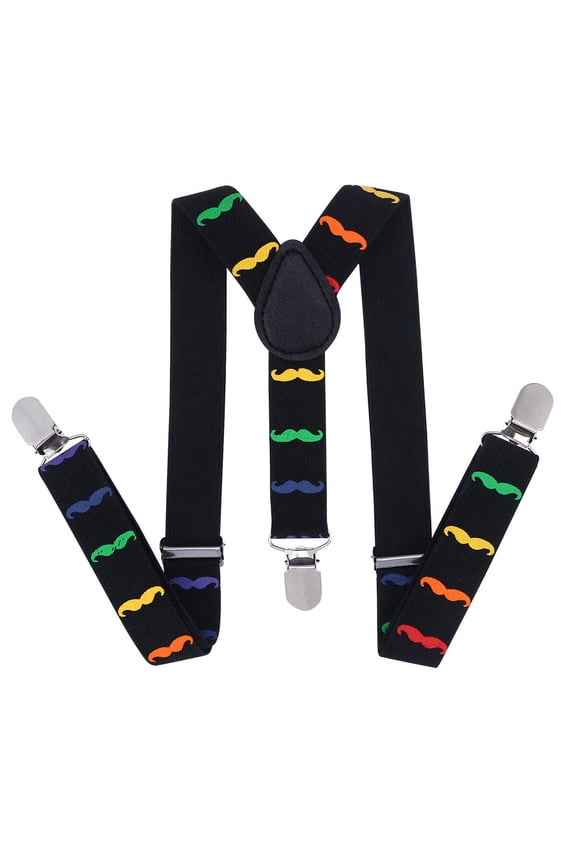 1pc Beards Pattern Suspenders Y-shape Elatic Belt Strap Braces 3 Clip Buckle Suspenders for Children Kids (Black with Colorful Beard)