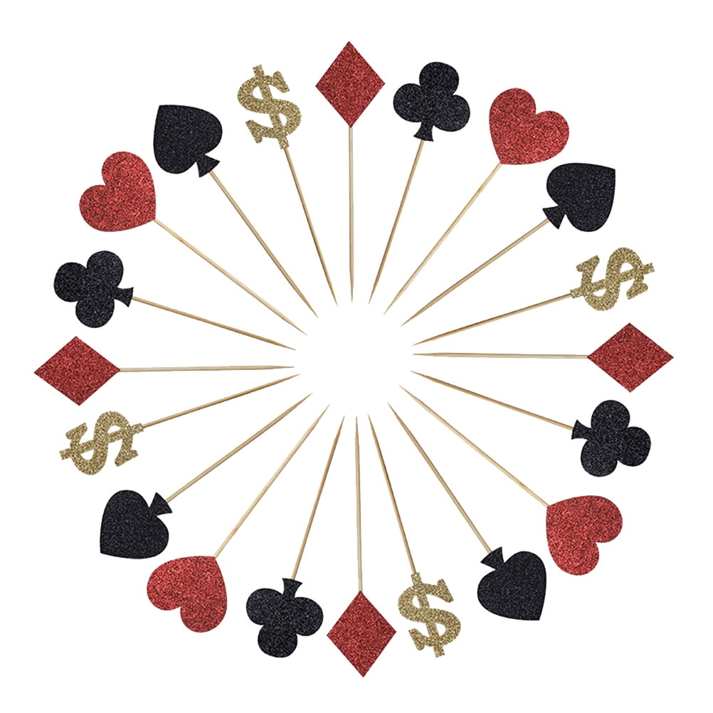 NUOLUX 27pcs Glitter Paper Cake Toppers Casino Theme Cake Picks Creative Poker Cake Decoration Birthday Party Dessert Insert Favor(9pcs in 1 Set)