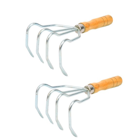 NUOLUX Stainless Steel Claw Rake for Outdoor Activities Silver 2Pcs with Wood Handle