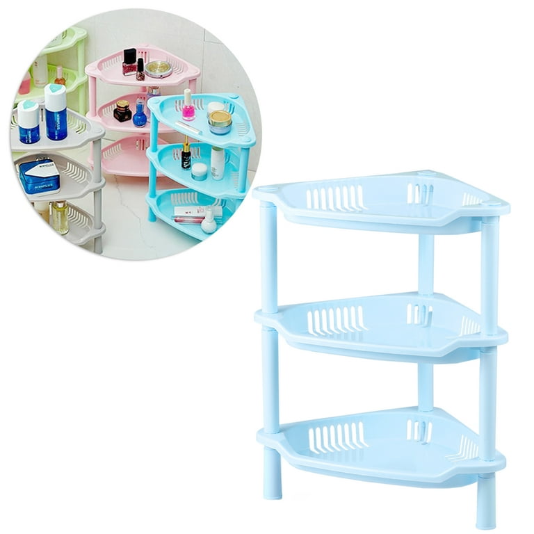3 Layer Plastic Small Storage Shelves Plastic Basket Corner Shelf Organizer  Desk Stand Rack Bathroom Shelves for Home Household Kitchen(Blue) 