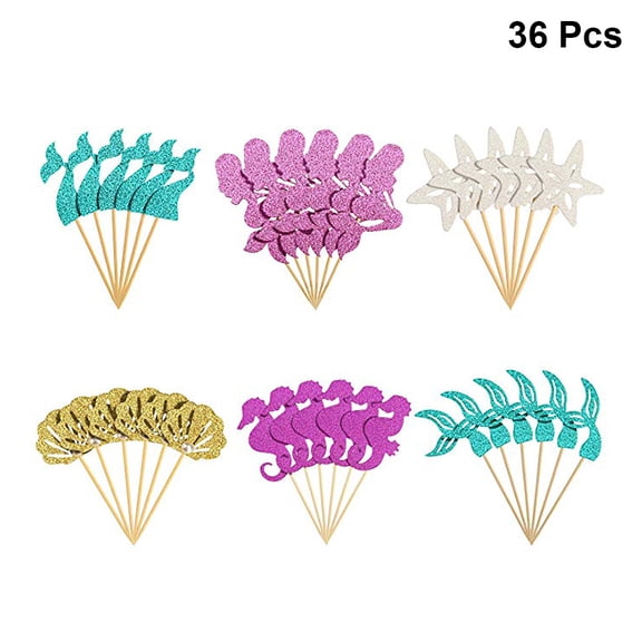 NUOLUX 36pcs Mermaid Glitter Cupcake Toppers Paper Birthday Cake Insert Bow Decorated Marine Life Cake Pick Cake Decor Party Favors (6 Pattern in 1 Set)