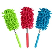 NUOLUX 3pcs Telescoping Microfiber Hand Dusters Anti-Static Chenille Dusting Brush with Extendable Pole for Car Kitchen House Cleaning (Red Green and Blue)