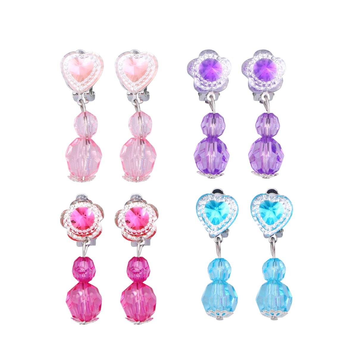 NUOLUX 4 Pairs Children Shiny Crystal Pendant Clipon Earrings Set