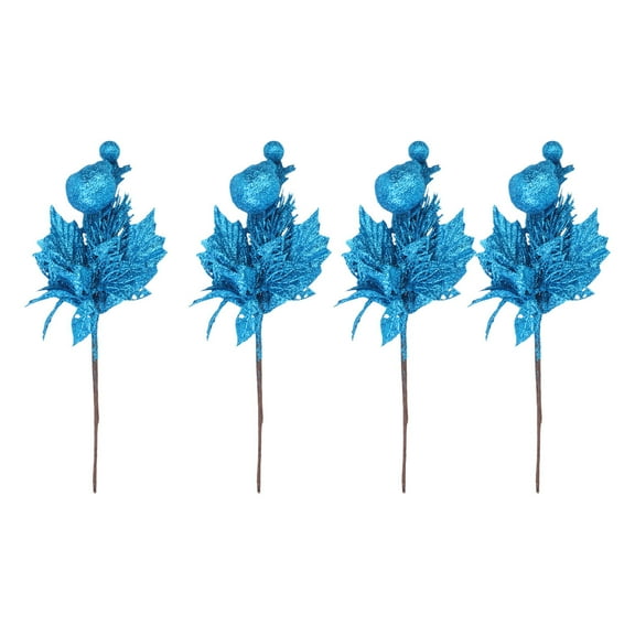 Tineasur 4Pcs Blue Artificial Christmas Stems with Glitter Cones for Festive Home Decor