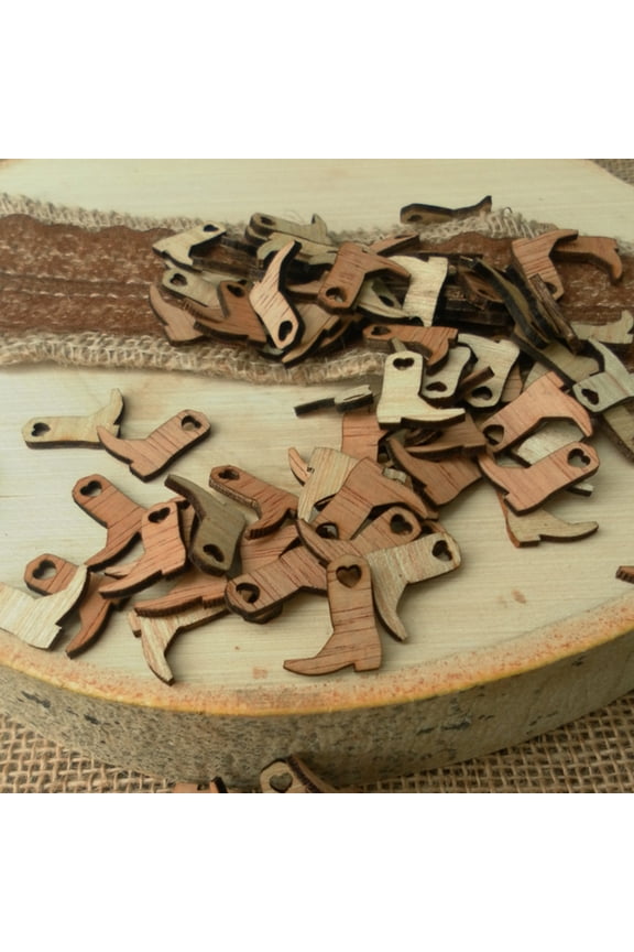 Tineasur 50Pcs Beige Wooden Boots Ornament with Heart Eyelet for Western Wedding Decoration