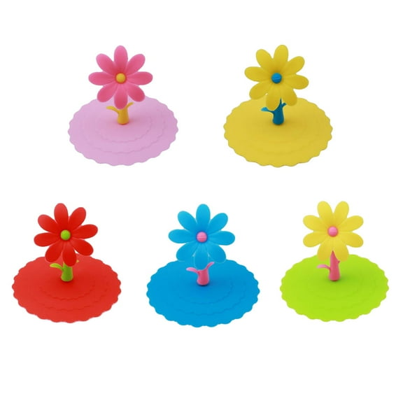 NUOLUX 5PCS Sunflower Shaped Leak-Proof Silicone Cup Lids Candy Color Suction Seal Covers