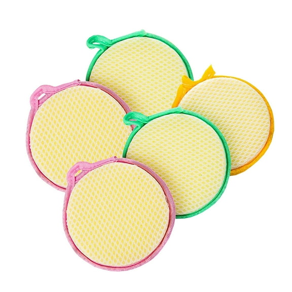 Oecoator 5pcs Double-side Round Sponge Scouring Pad Home Household Kitchen Dishwashing Sponge Cleaning Pad Sponge Cloth