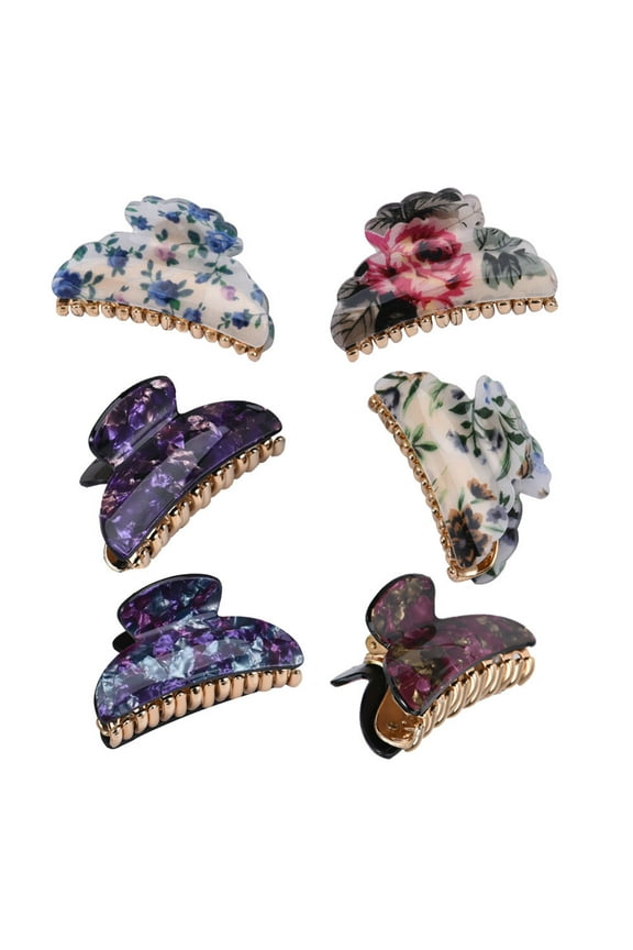 Acrylic Floral Pattern Multicolored Hair Claw Clips for Girls Women 6pcs Set Random Style