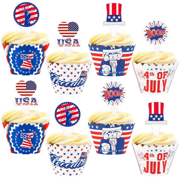 Tineasur Patriotic Cupcake Picks Assorted Color 48Pcs 3.1In Wrapper 2.2In Topper For July 4th