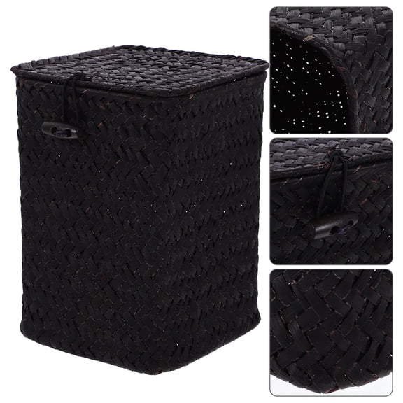 NUOLUX Black Desktop Container Woven Storage Box with Lid for Office and Dormitory Organization