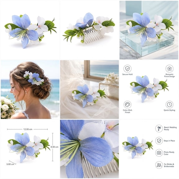 NUOLUX Blue Floral Hair Comb for Beach Weddings Secure Fit Lightweight