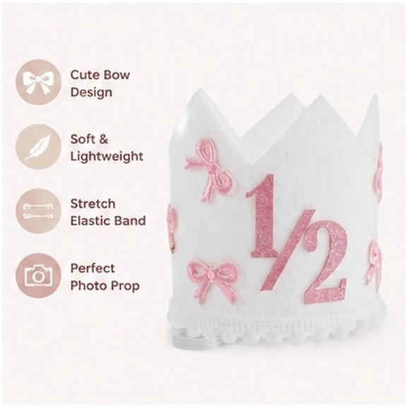 NUOLUX Pink Polyester Half Birthday Crown with Glitter Bow for Party Use