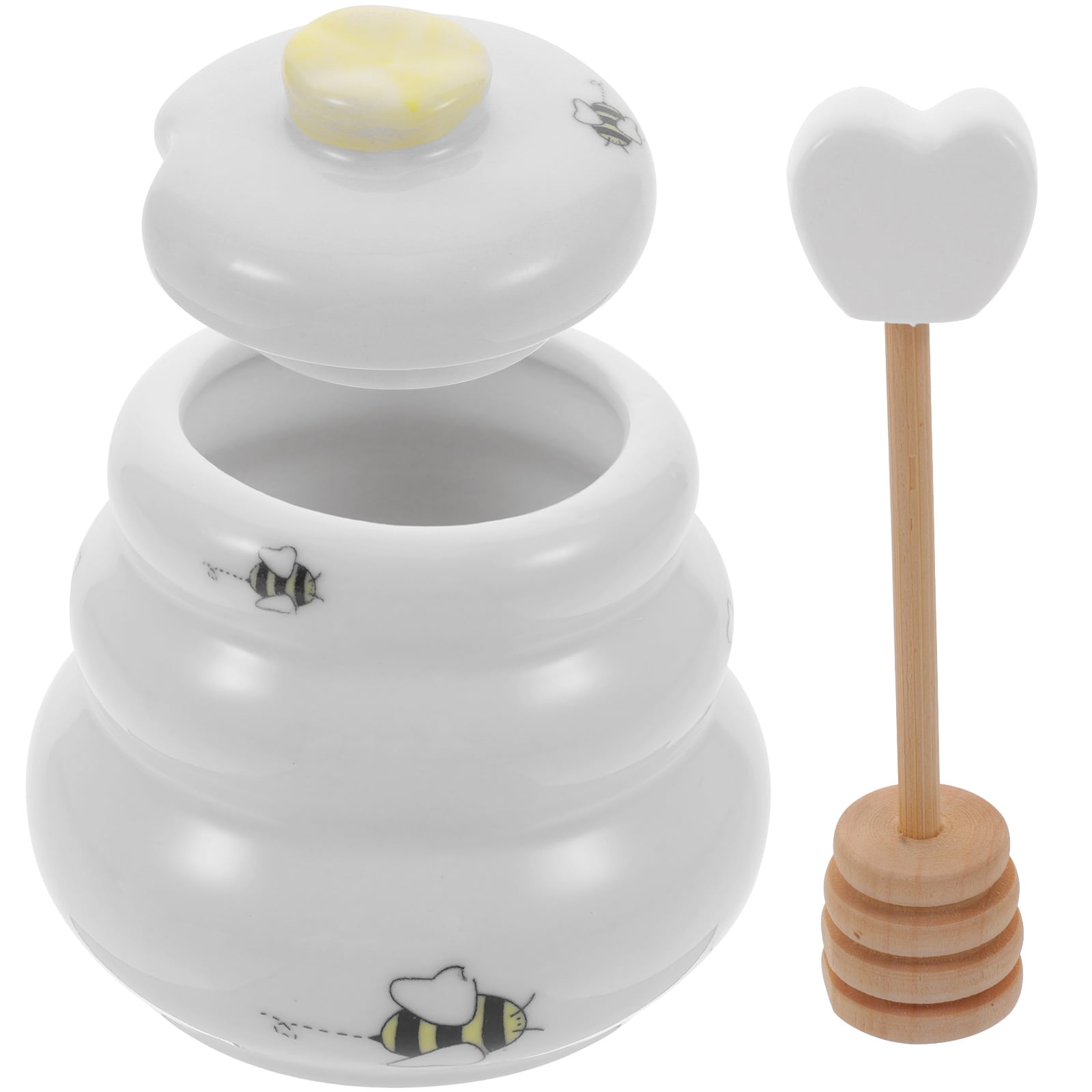 NUOLUX Honey Pot with Dipper Stick Ceramic Honey Jar with Lid Bee Honey Jar Container for