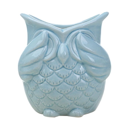 Tineasur Blue Ceramic Owl Succulent Planter for Desk Table Bookshelf Ornament
