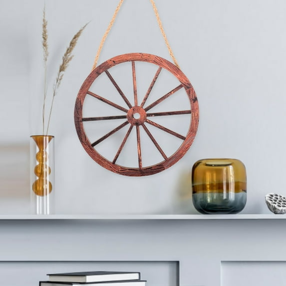 Tineasur Retro Wooden Wagon Wheel Decor Dark Red Wood Rustic Wall Set for Home and Garden