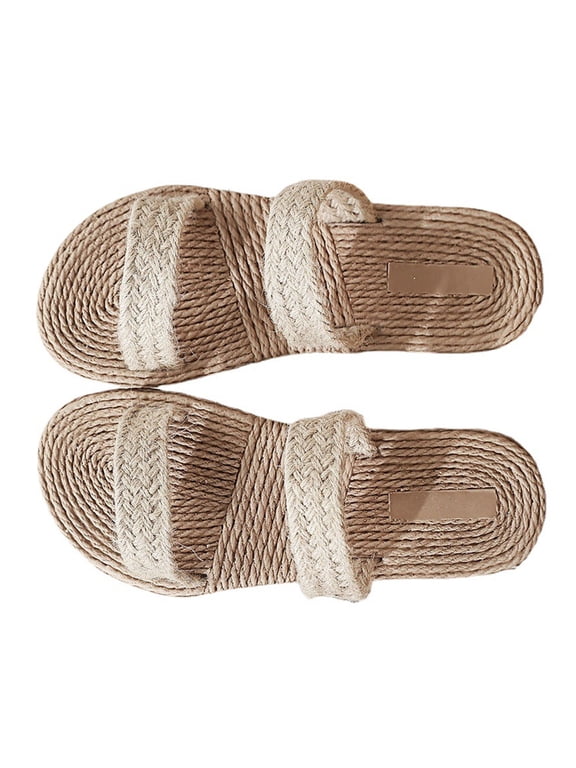 Beige Flat Straw Slippers, Comfortable and Breathable, Suitable for All Ages