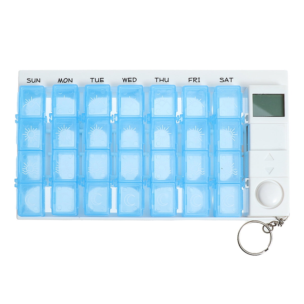 NUOLUX Weekly Digital Organizer 7 Days 28 Compartments Medicine Box with 5 Groups Alarm Reminder and LCD Back light for Medications Supplements Vitamins - Blue