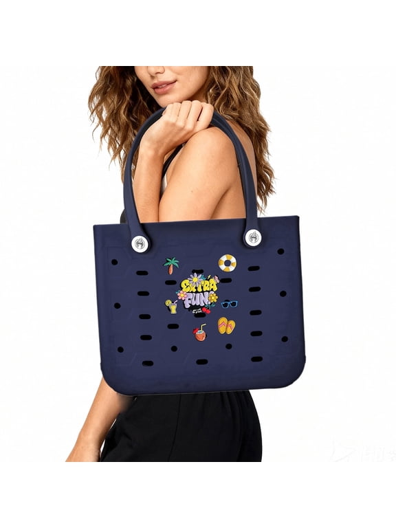 13" Medium Capacity Women's EVA Beach Bag with Decorative Accessories, Waterproof Shopping Tote Bag