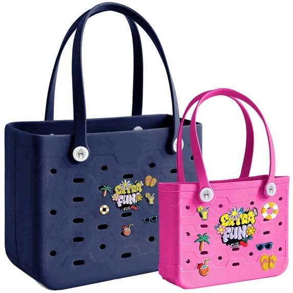 NUOYI PIEIN 2 Sets M+S Women's EVA Beach Bag with Decorative Accessories, Waterproof Daily Leisure Shopping Tote Bag
