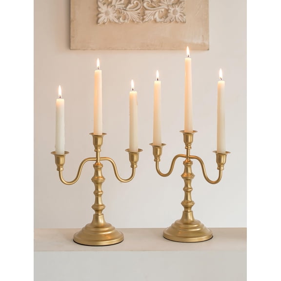 NUPTIO Candelabra Gold Candle Holders: Brass Candlestick Holder 3 Arm | Taper Candles Stick Decor Set of 2 for Table Centerpieces Fireplace