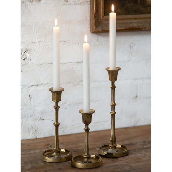 NUPTIO Candlestick Holders Set of 3: Cast Iron Antique Brass Taper Candle Holders Gold Candle Sticks Holder for Fireplace Mantel Decor