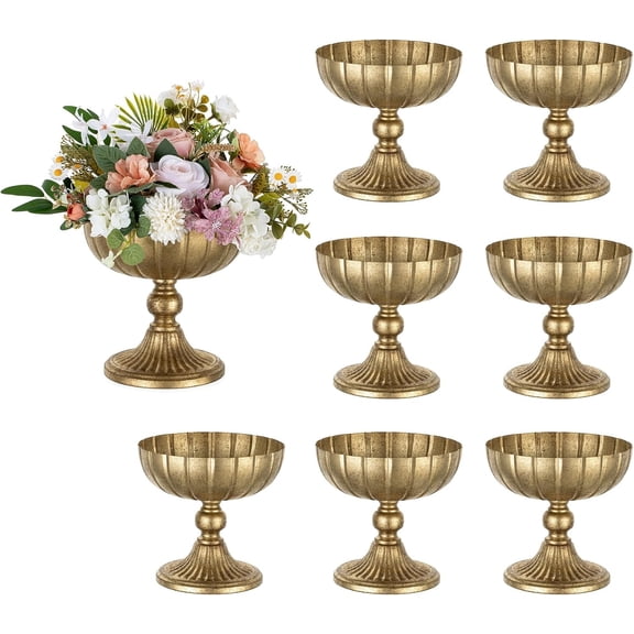 NUPTIO Set of 8 Distressed Brass Pedestal Footed Bowl Table Centerpiece Decor, 7.95" Tall Gold Compote Vase for Centerpiece, Urn for Flowers Wedding Table Decorative