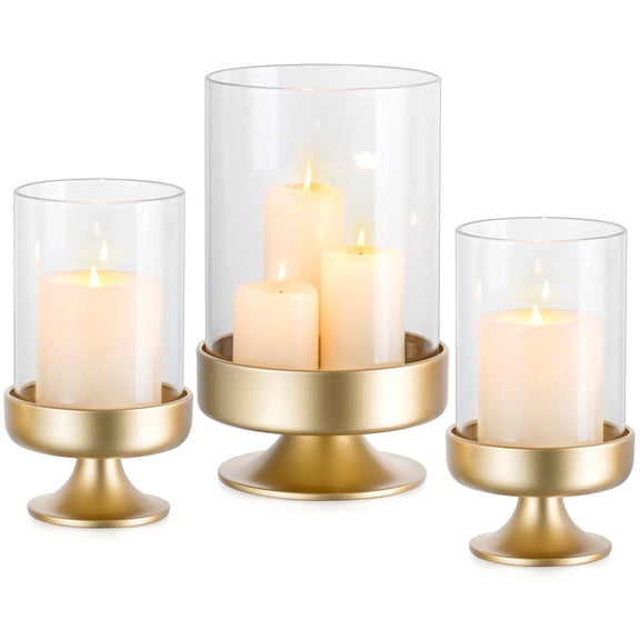 NUPTIO Gold Hurricane Candle Holders for Pillar Candles - Set of 3 Candle Hurricane with Glass Sleeve for Outdoor Table Centerpiece Wedding