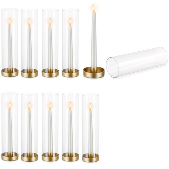 NUPTIO Gold Taper Candle Holders: Glass Hurricane  Candle Holder Wedding Centerpiece for Table Set of 10